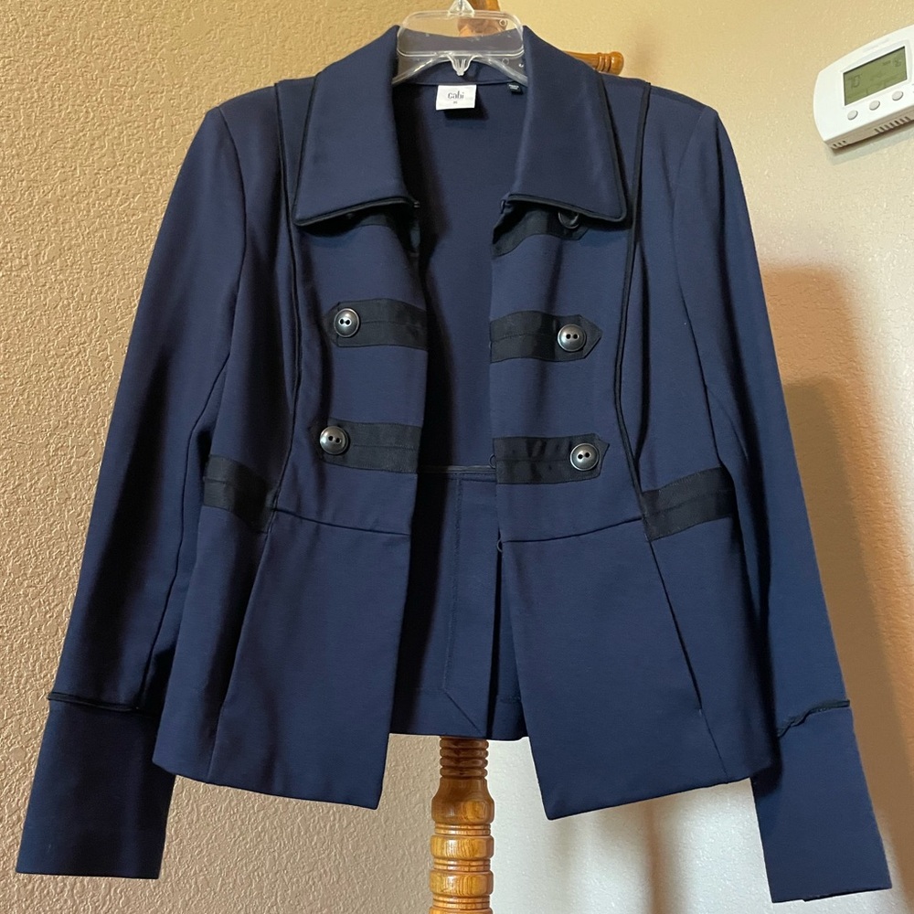 CAbi Women's Navy Blue Blazer with Black Accents and Button Details